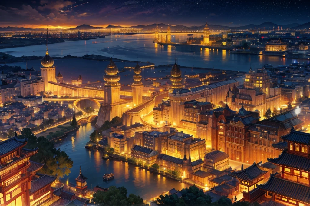 golden city, night, downtown, chinese dynasty castle, HDR, 4k resolution, landscape, golden moon, golden cloud, firework