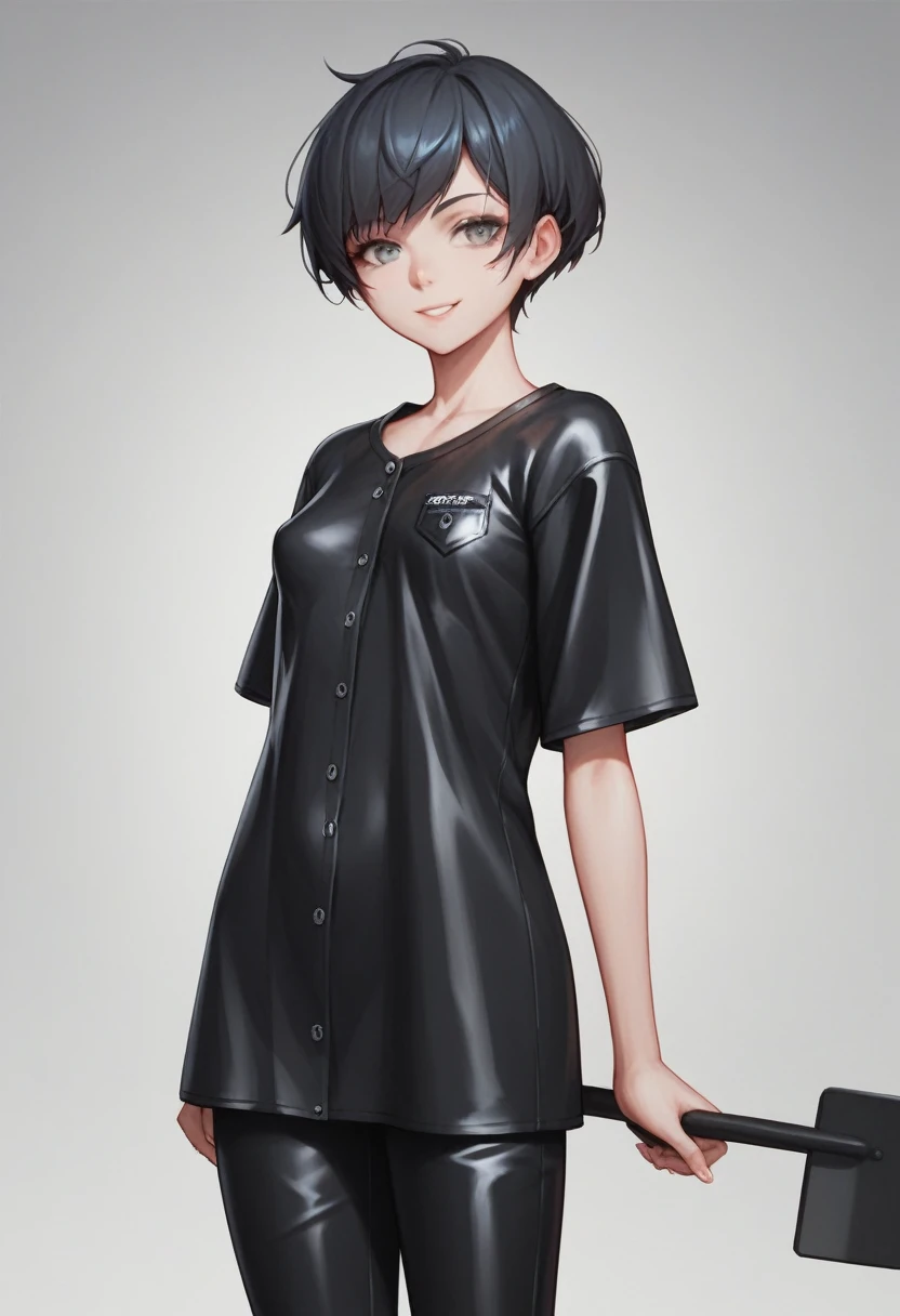 ((very tall girl)), 1 girl, full height, black very short hair, small breasts, in a long ((((black)))) leather raincoat, raincoat unbuttoned, small breasts, gray eyes, smiling, T-shirt and pants under the raincoat, holding a long shovel in his hand, 1 girl in the frame, black raincoat, 1 shovel, gloomy background