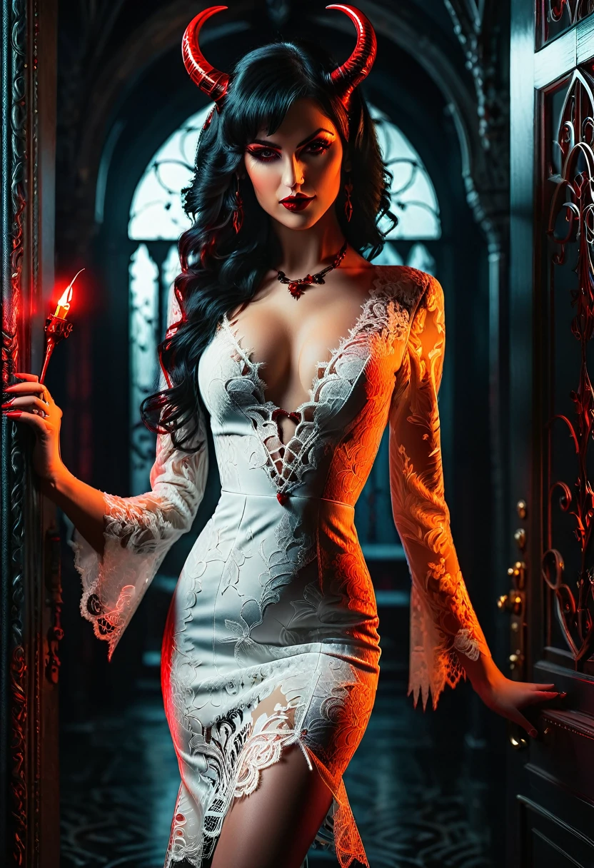epic good looking succubus wearing a (white lace: 1.2) dress (intense details, Masterpiece, best details: 1.6), (wearing elegant stylish red rimmed glasses:1.1) (intricate details, Masterpiece, best details: 1.6), full body (intense details, Masterpiece, best details: 1.6), ultra detailed face (intense details, Masterpiece, best details: 1.5),standing in the door entrance, holding a red and gold ring (intense details, Masterpiece, best details: 1.6), black hair, long hair, red eyes, glowing eyes, small horns, red high heels, dim light, high details, best quality, 8k, [ultra detailed], masterpiece, best quality, (extremely detailed), ultra wide shot, photorealistic, gothic art, sense of darkness, sense of seduction, fiery magic symbols (intense details, Masterpiece, best details: 1.6),in the background, lace drawing, Dark Art Painting Style, dark, black and color