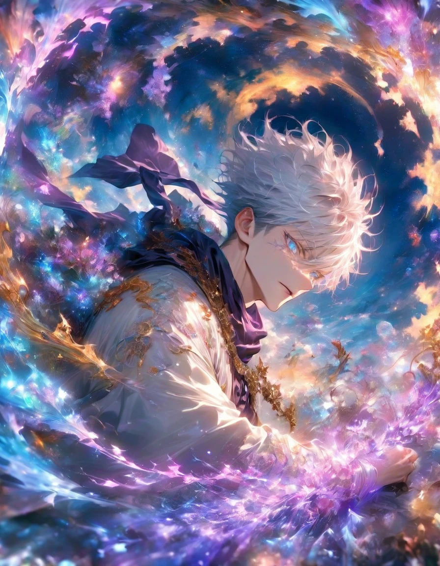 absurdres, highres, ultra detailed, HDR, master piece, best quality, Gojo Satoru, white hair, with bangs, hair between the eyes, expressive blue eyes, white eyelashes, Jujutsu Kaisen, solo, sexy man, handsome, white haori, black tight shirt, black scarf, fantasy, magical, sparkling, shining, purple lightning, floating round lights, starry sky, void, purple butterflies, purple moon