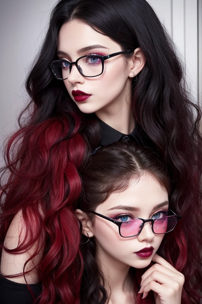 Creating my playful apathy long red curly hair, with lip gloss and glasses, weirdness trash black hair and black lipstick, I wish red wavy hair pink lipstick with gloss, empathy best hair blue eyes kinda cute and romance black hair with pink and red highlights