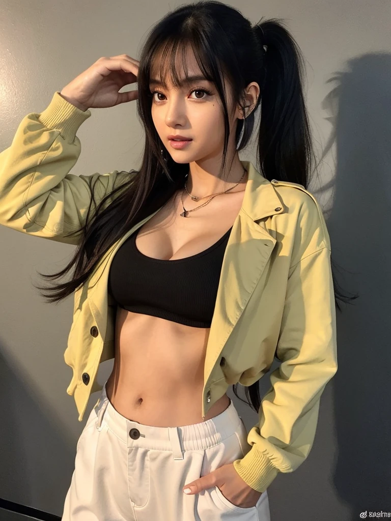 realistic, 1 women, best quality, 12k, HD, long hair, big round breasts, cleavage, ponytail, necklace, jewelry, shorts, short jacket, slim hips, hair tie, yellow eyes, black hair, super detailed, Eye details, hair details, person details, mouth details, face details, breast details, clothes details, hair details, pants details, hand details, whole body