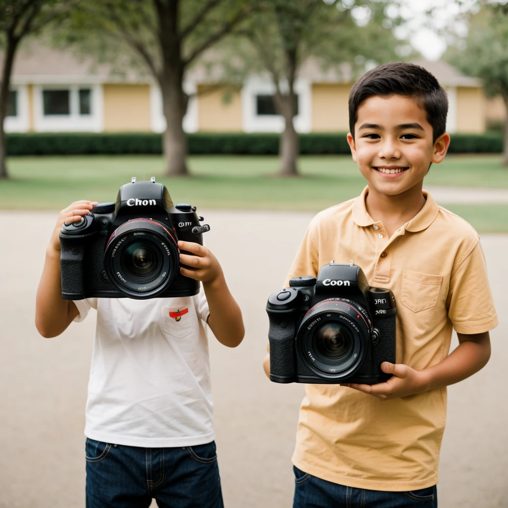 a boy standing with a photography camera smile on his face