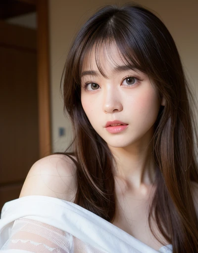 Highest quality, Face Focus, Soft Light, Ultra-high resolution, (Realistic:1.4), RAW Photos,
1 Japanese girl, alone, cute, (pupil, Light in your eyes), Beautiful face in every detail, (Small box),(High resolution detail of human skin texture),
(Long Hair),
indoor,
Damask Shirt Dress,
(Portraiture)