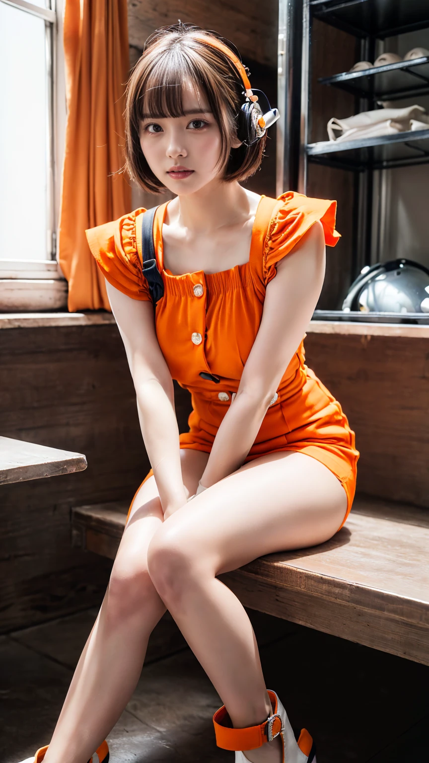 (8K, RAW Photos, Highest quality, masterpiece:1.2), (professional photography, full colors, studio-caliber color grading), (Gravure quality for high-end fashion magazines), BREAK,18 year old girl, short bob hair, crying a little, Harajuku style, Big Natural Color Lip, (Plumpy body:1.2), (smooth skin:1.1), (huge breasts:1.0), BREAK ((orange, tangerine) and white theme:1.4), (family restaurant waitress uniform:1.2 (wearing an (orange high waist jumper skirt, orange layered waist apron with orange shoulder straps) over a (white blouse with white buttons):1.4 (emphasize under boobs:1.5 (fusion of bouffant sleeve and short sleeve:1.3 (button up:1.2 (wearing a orange shoulder straps over a white blouse:1.2 ((bare arms, bare legs):1.2 (pumps:1.1