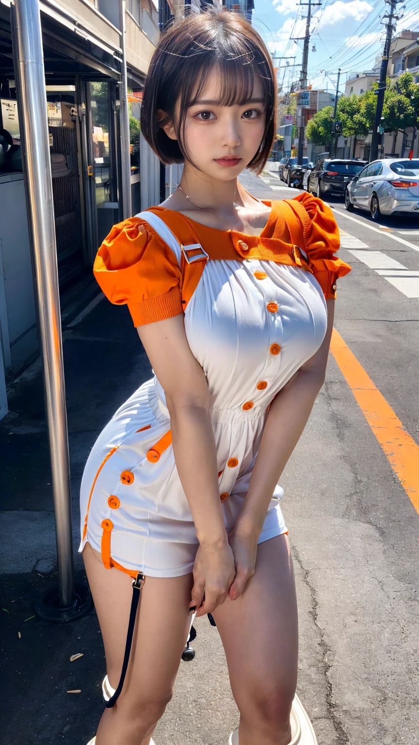 (8K, RAW Photos, Highest quality, masterpiece:1.2), (professional photography, full colors, studio-caliber color grading), (Gravure quality for high-end fashion magazines),  BREAK,18 year old girl, short bob hair, crying a little, Harajuku style, Big Natural Color Lip, (Plumpy body:1.2), (smooth skin:1.1), (huge breasts:1.0),  BREAK ((orange, tangerine) and white theme:1.4), (family restaurant waitress uniform:1.2 (wearing an (orange high waist jumper skirt, orange layered waist apron with orange shoulder straps) over a (white blouse with white buttons):1.4 (emphasize under boobs:1.5 (fusion of bouffant sleeve and short sleeve:1.3 (button up:1.2 (wearing a orange shoulder straps over a white blouse:1.2 ((bare arms, bare legs):1.2 (pumps:1.1