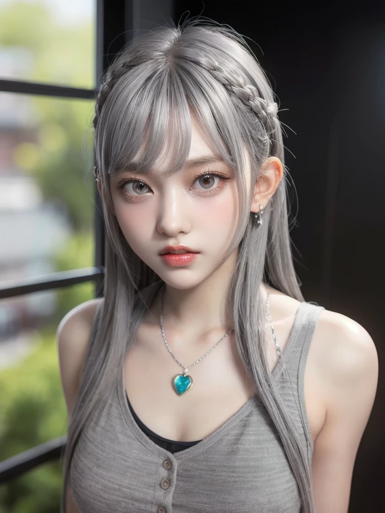 Young girl  ,masterpiece,Realistic,32k,Highly detailed CG 8K wallpaper, Highest quality ,Upper Body,((Gray Hair:1.2))