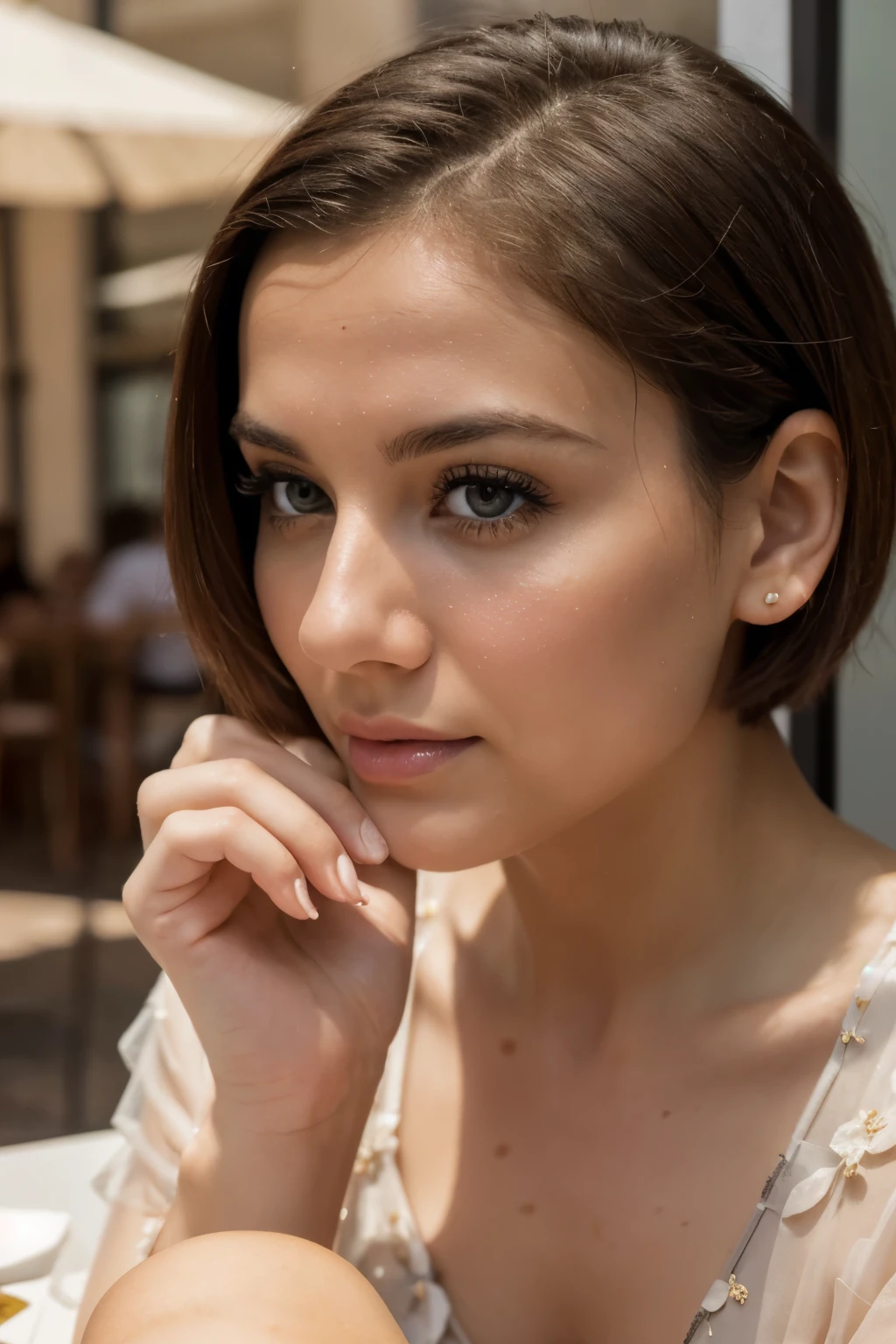 32 years old Maltese woman, looking down at mobile phone screen, sitting at a tea shop, cute, beautiful detailed sky,detailed, (8k, RAW photo, best quality, masterpiece:1.2), (realistic, photo-realistic:1.37), ultra-detailed,(nose blush),(closed mouth), neutral expression, large aparture, professional lighting, Sony A7R4, Zessie 50mm F1.8, ,beautiful detailed eyes,(flower dress:1.1),pleated,(short hair:1.2),floating hair