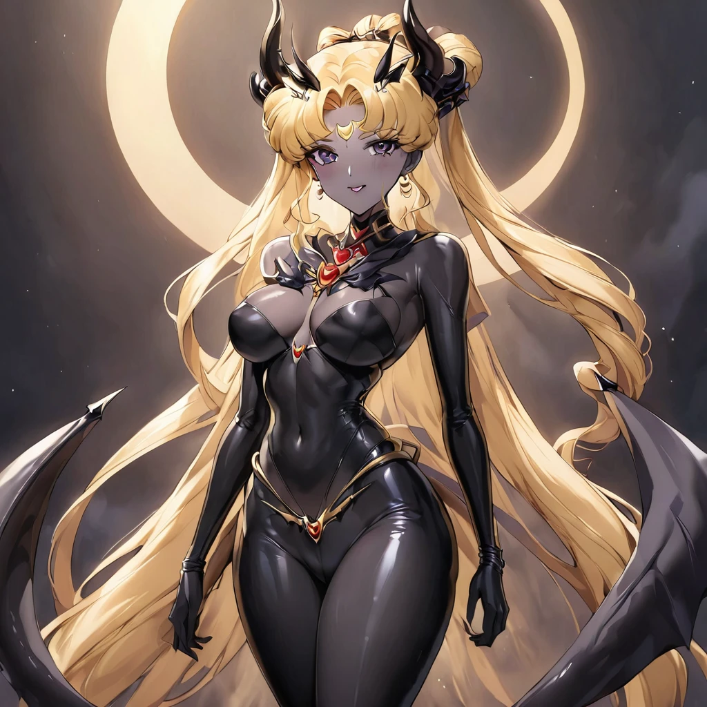 ((Highest quality)), ((masterpiece)), (detailed), (Perfect Face)、The woman is and is the bride of the Demon King, the Dark Queen of the Black Moon Clan, the Demon Queen, Devil Queen Serenity, and is wearing a shiny black full-body bodysuit decorated with gold, a sexy ale demon with jet-black skin, Devil Queen Serenity.、The woman is a jet-black female demon with magnificent devil horns, jet-black devil wings, and a jet-black tail. Her skin is jet-black, and she has a black inverted crescent moon mark on her forehead. She is the jet-black demon Devil Queen Serenity, and she has blonde hair.2The expression of a girl in love with her long hair tied up、s Devil Queen Serenity
