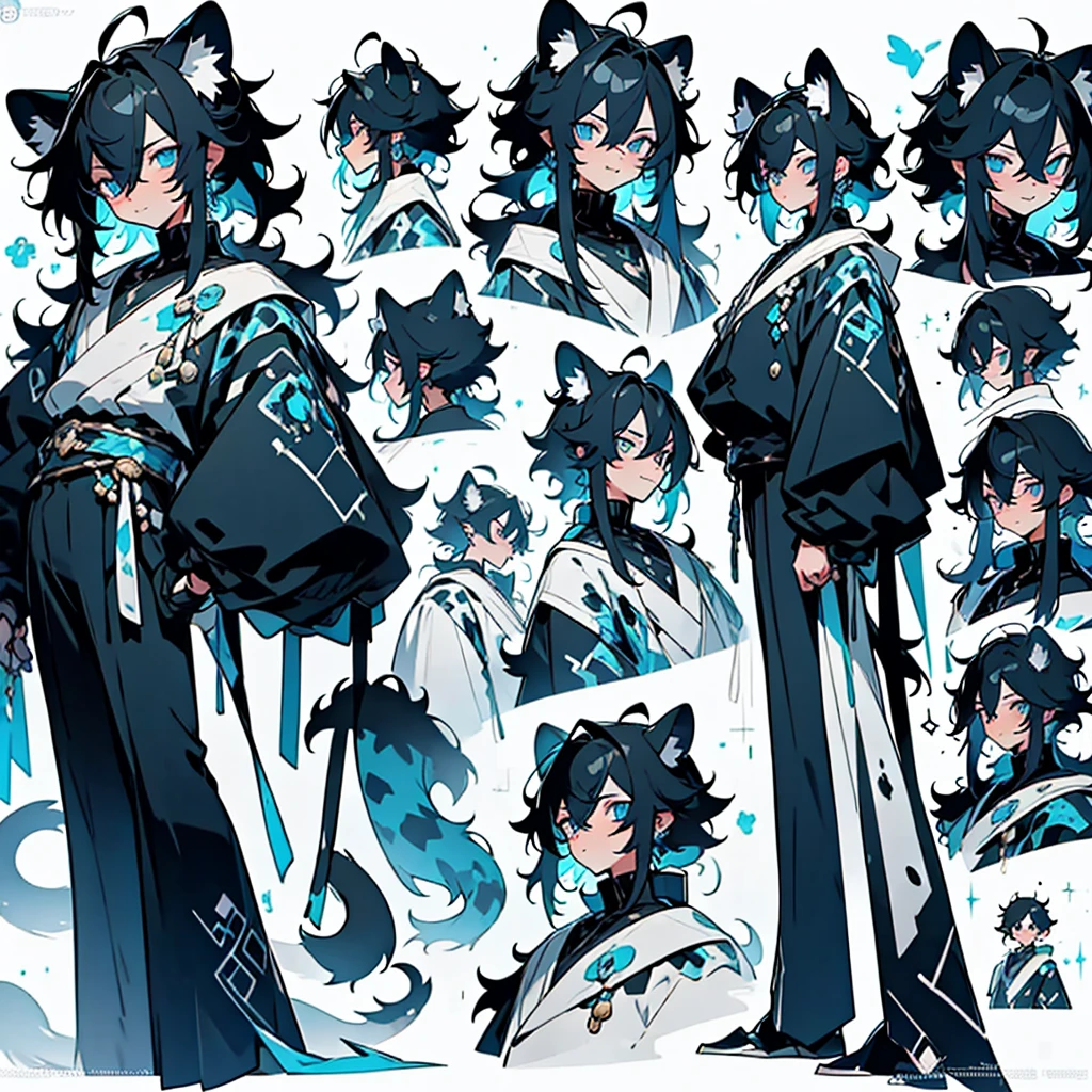 anime poses cheat sheet,young guy, unique messy black hair with white highlights,various hair styles,blue eyes,various styles of clothing,contrasting colors,simple background, various angles,several unique poses, various expressions,snow leopard ears and tail, arrogant and moody attitude,vertical image