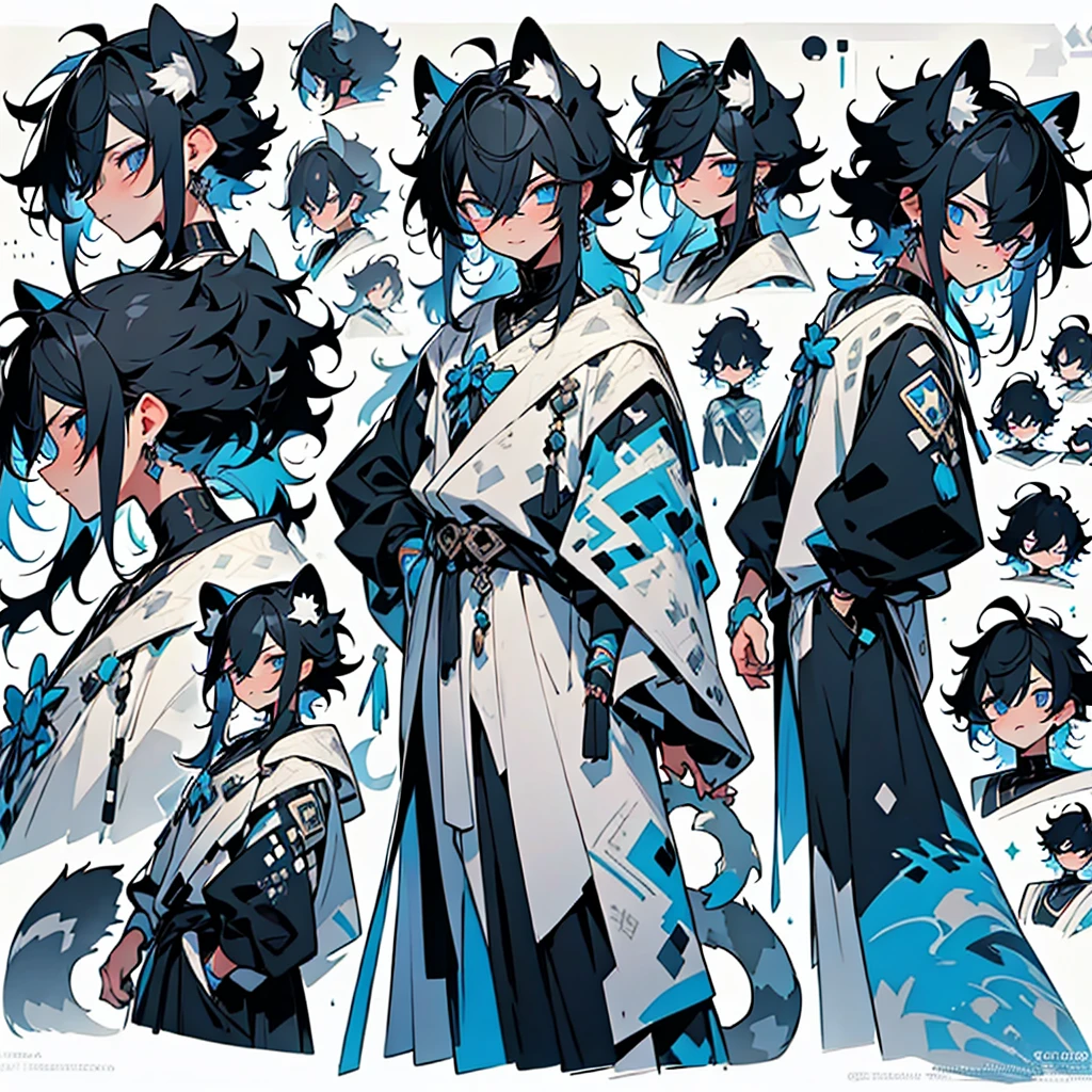 anime poses cheat sheet,young guy, unique messy black hair with white highlights,various hair styles,blue eyes,various styles of clothing,contrasting colors,simple background, various angles,several unique poses, various expressions,snow leopard ears and tail, arrogant and moody attitude,vertical image