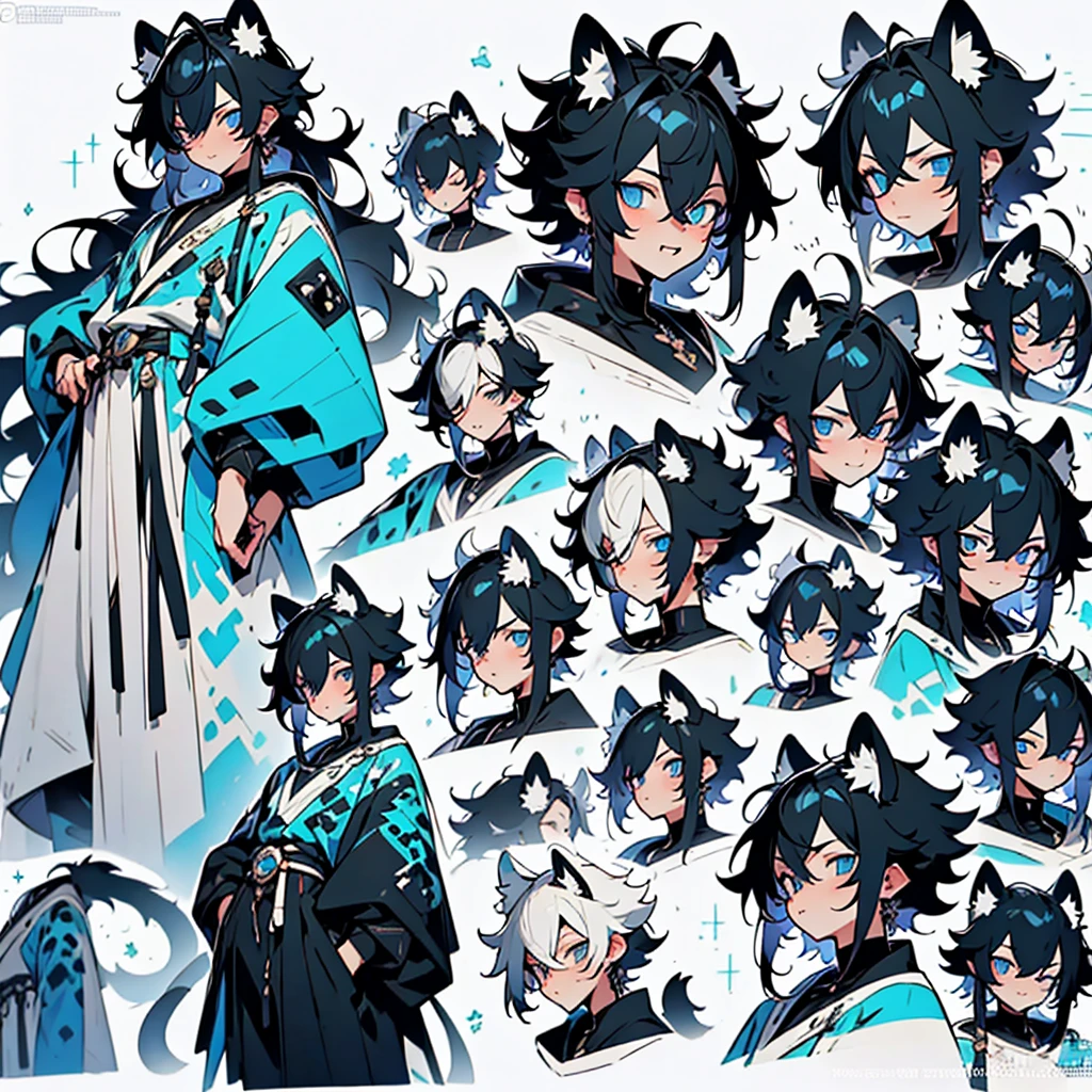 anime poses cheat sheet,young guy, unique messy black hair with white highlights,various hair styles,blue eyes,various styles of clothing,contrasting colors,simple background, various angles,several unique poses, various expressions,snow leopard ears and tail, arrogant and moody attitude,vertical image