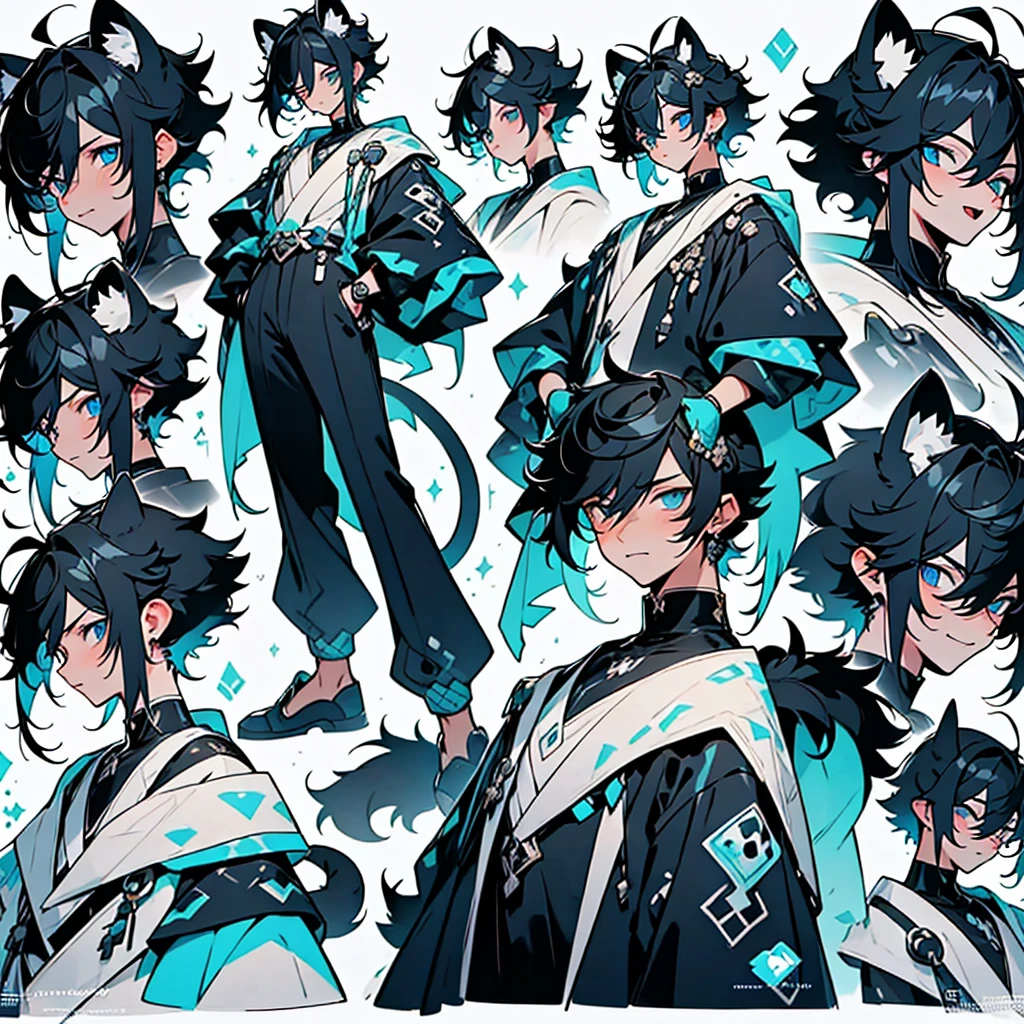 anime poses cheat sheet,young guy, unique messy black hair with white highlights,various hair styles,blue eyes,various styles of clothing,contrasting colors,simple background, various angles,several unique poses, various expressions,snow leopard ears and tail, arrogant and moody attitude,vertical image