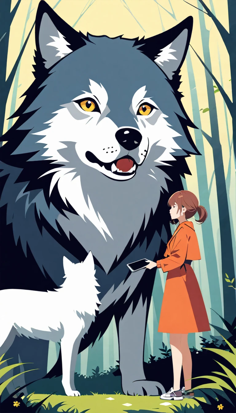 wallpaper of smartphone, A girl and a wolf meet in the forest, flat Design, vector illustrations, graphic illustration, detailed 2d illustration, flat illustration, digital illustration, digital artwork,