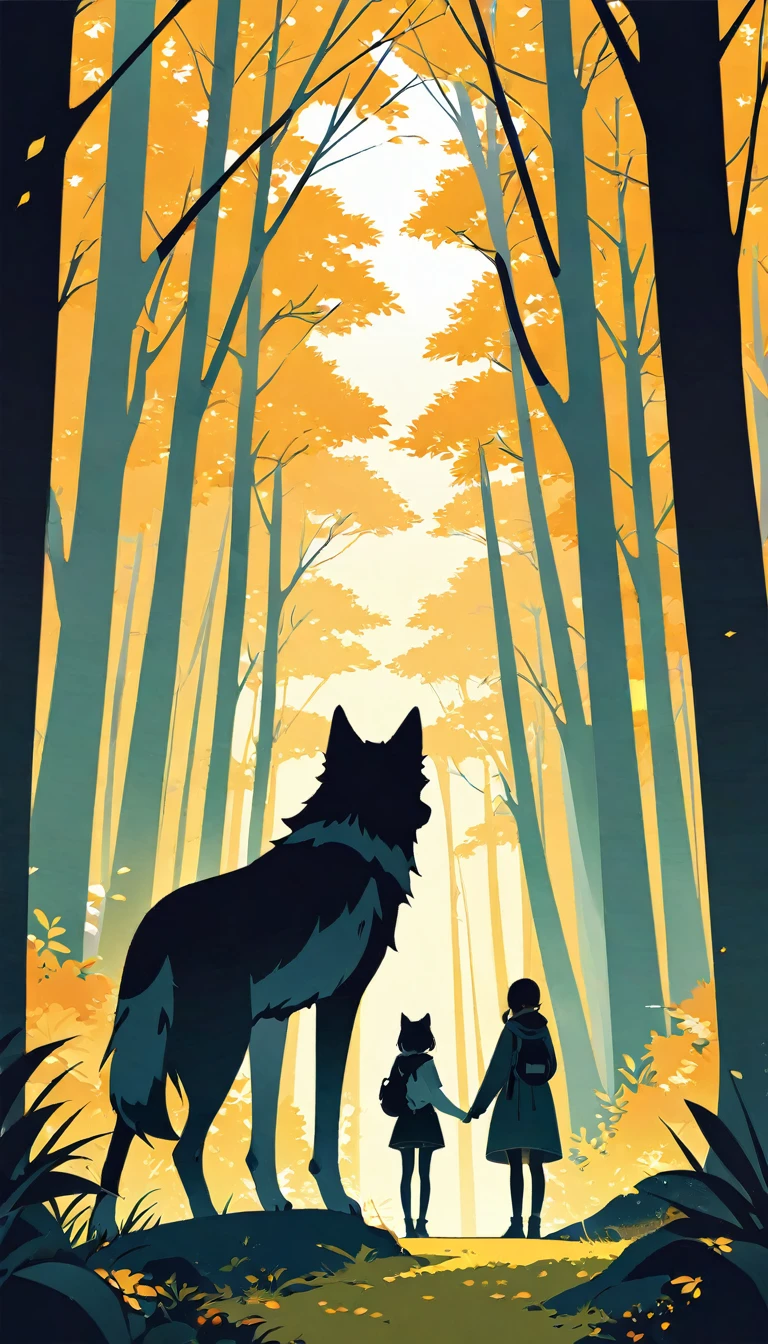 wallpaper of smartphone, A girl and a wolf meet in the forest, flat Design, vector illustrations, graphic illustration, detailed 2d illustration, flat illustration, digital illustration, digital artwork,