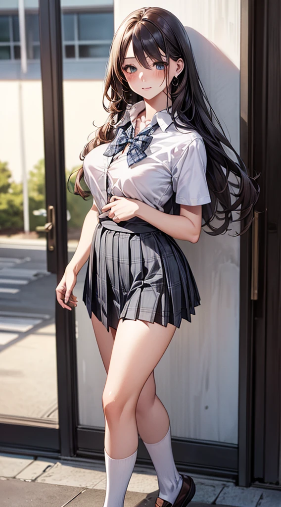 (masterpiece:1.2, top-quality), (realistic, photorealistic:1.4), beautiful illustration, 
looking at viewer, full body, front view:0.6, 
1 girl, japanese, high school girl, (long hair:1.5), blond hair, (half up, half updo), bangs, hair between eye, large breasts:0.8, 
beautiful hair, beautiful face, beautiful detailed eyes, beautiful clavicle, beautiful body, beautiful chest, beautiful thigh, beautiful legs, beautiful fingers, 
(beautiful scenery), , school,
((collared short sleeve shirt, white shirt, , grey plaid pleated skirt, blue plaid bow tie)), white panties, 
(standing, , lift up skirt, grab the hem of the skirt, hands on chest, hand between legs), 
blush, ,