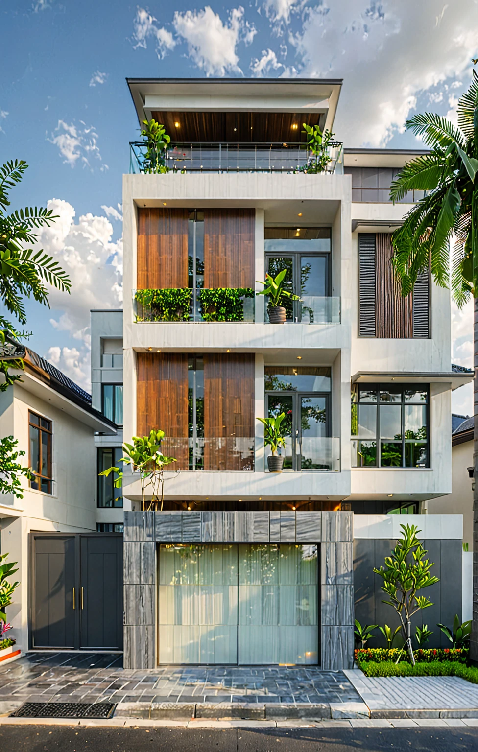modern villa on street, (overcast lighting:1.2), tropical tree, vivid color, curve wall, streetcapes, nice sky, grey and wwhite tone, (large glass door:1.2), warm interior lighting, modern material, best quality, ultra realistic, masterpiece, 17ArchiAI_XL_VL-v1
