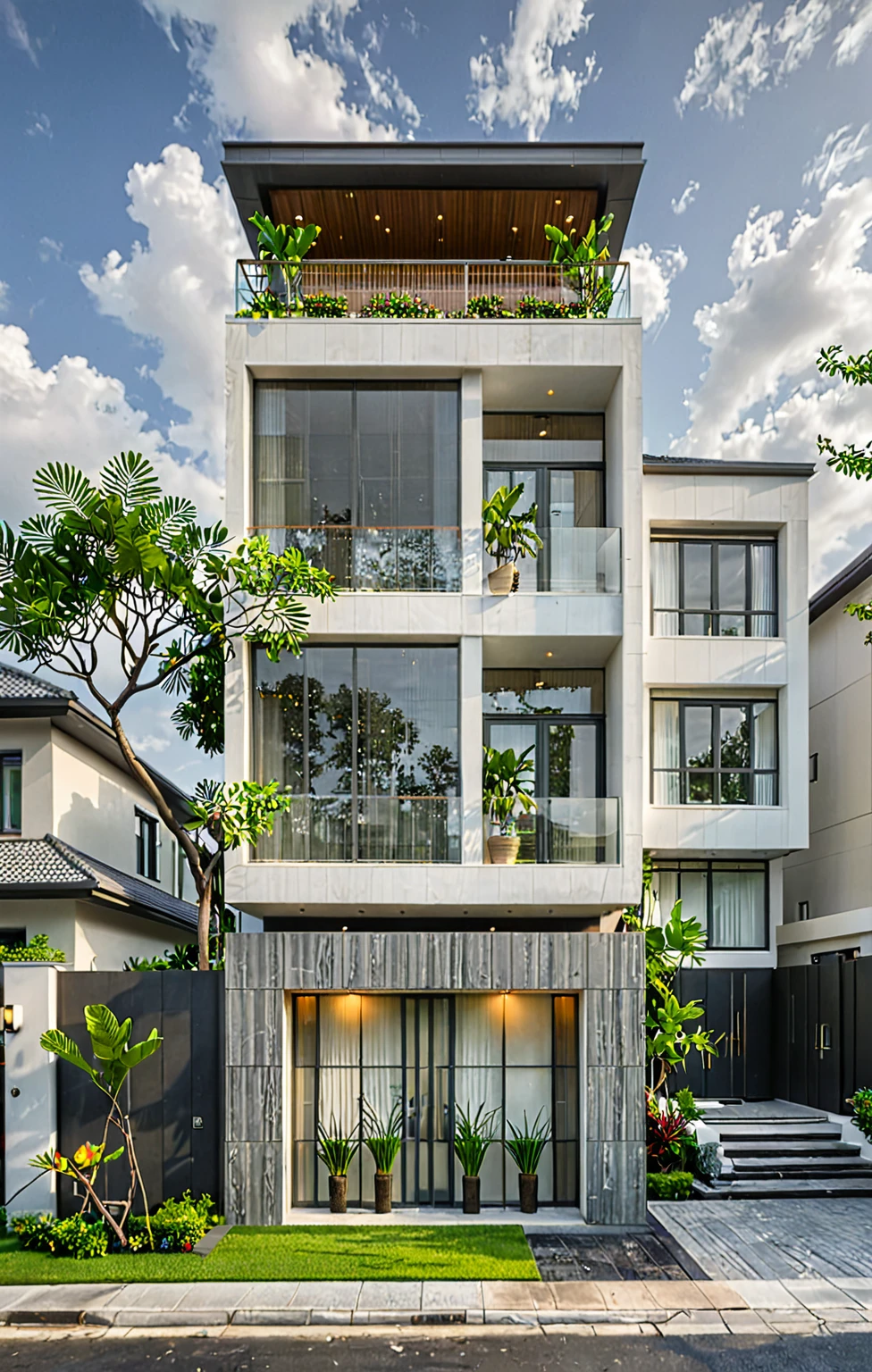 modern villa on street, (overcast lighting:1.2), tropical tree, vivid color, curve wall, streetcapes, nice sky, grey and wwhite tone, (large glass door:1.2), warm interior lighting, modern material, best quality, ultra realistic, masterpiece, 17ArchiAI_XL_VL-v1