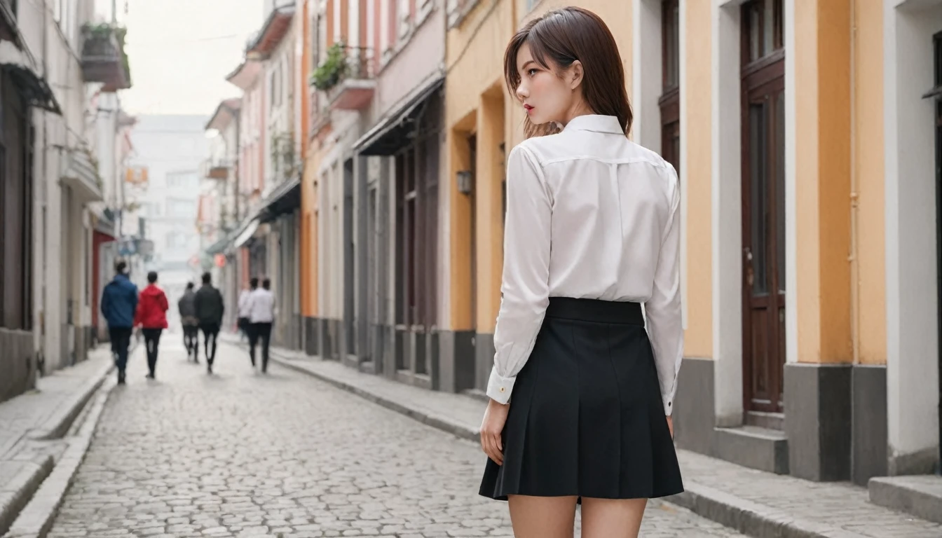 (best quality, masterpiece, ultra detailed, ultra high res, photorealistic, raw photo, absurdres, absolutely resolution), warm colors, office Street, 1 girl, white shirt, black tight skirt, from behind, long shot, wide shot