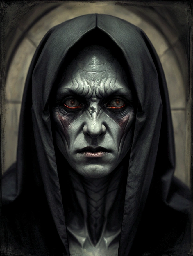 Create a close-up portrait depiction of Nosferatu, a dark fantasy with a touch of romanticism. In the style of Jeremy Mann, Sabbas Apterus, Anton Semenov, Klimt, Alfonse Mucha, and Arnulf Rainer. Kerkythea, depth mapping, and highly-detailed.