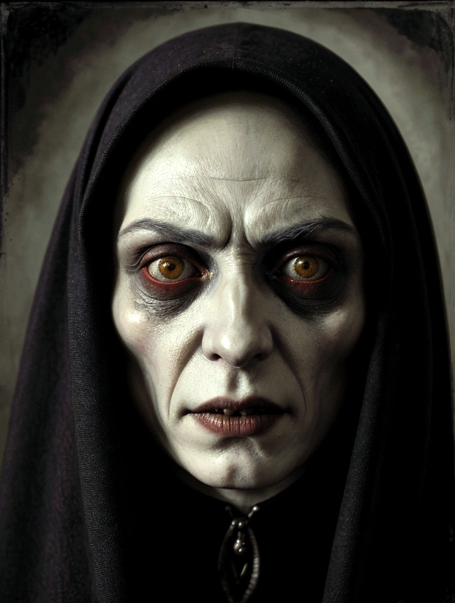 Create a close-up portrait depiction of Nosferatu, a dark fantasy with a touch of romanticism. In the style of Jeremy Mann, Sabbas Apterus, Anton Semenov, Klimt, Alfonse Mucha, and Arnulf Rainer. Kerkythea, depth mapping, and highly-detailed.