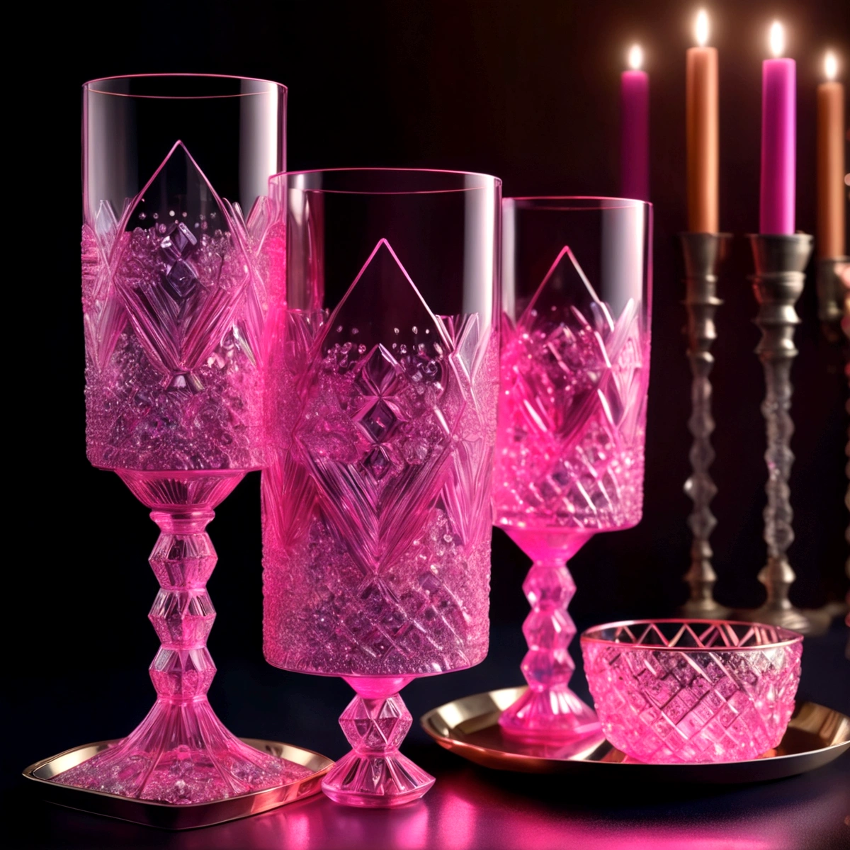 Two rectangular neon pink glasses on a table with diamond stones scattered on it