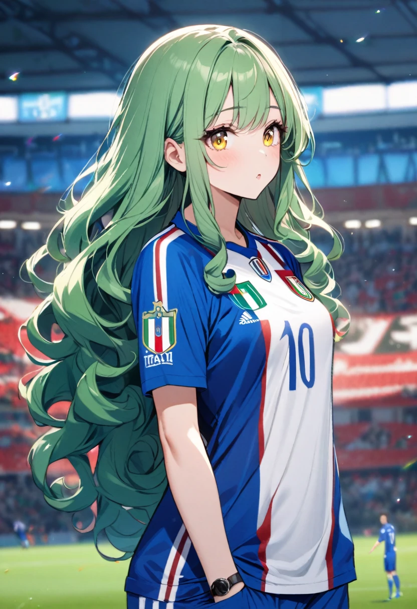 girl, beautiful, curly hair, long hair, yellow eyes, green hair, soccer shirt, italy soccer shirt, blue shirt
