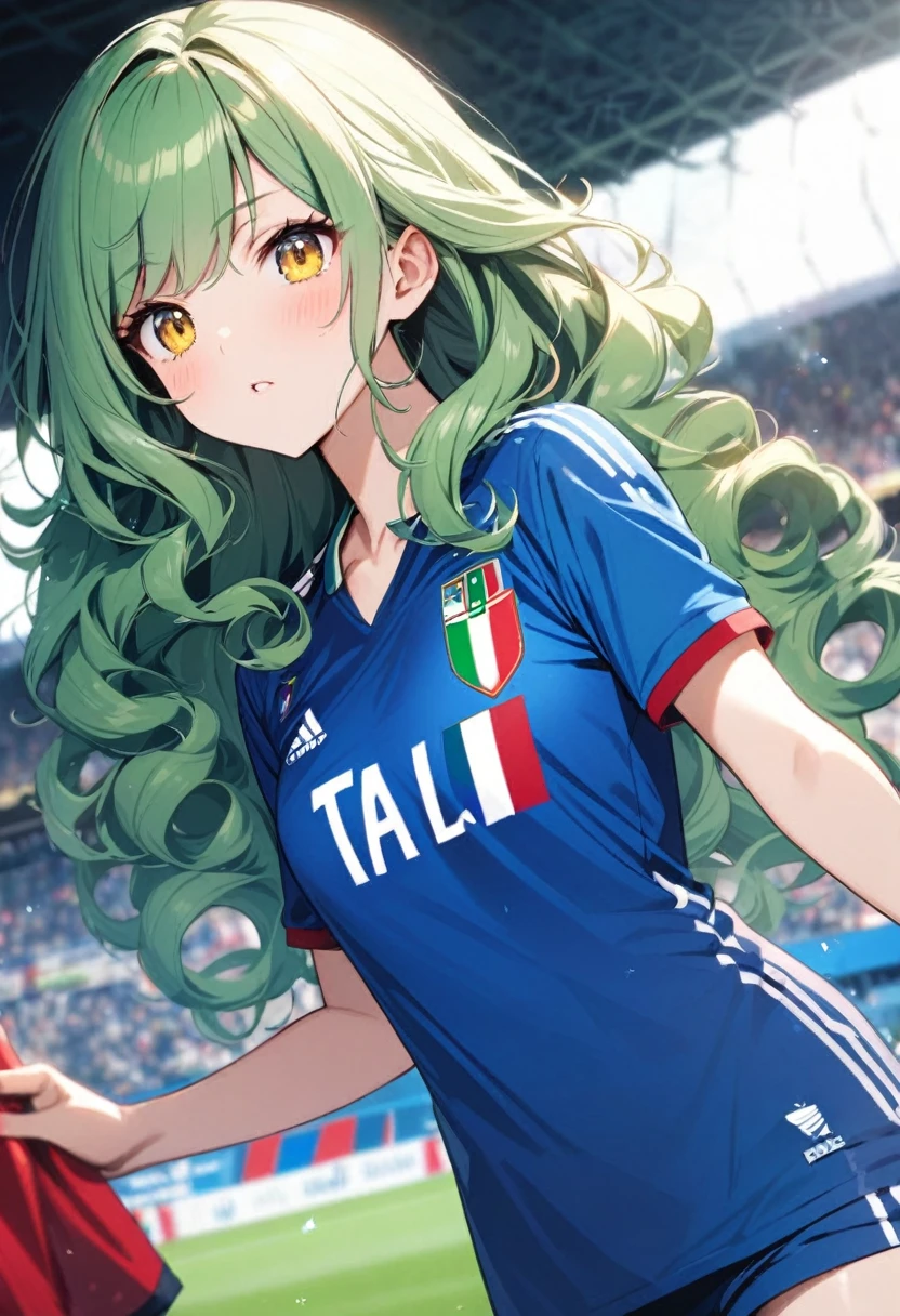 girl, beautiful, curly hair, long hair, yellow eyes, green hair, soccer shirt, italy soccer shirt, blue shirt