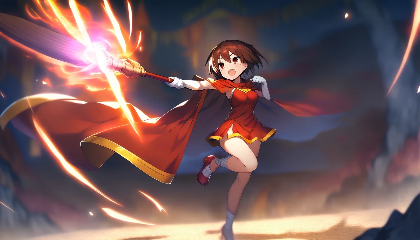 One girl,Megumin_(KonoSuba),Bandaged_foot,casting_spell,dress,full_body,hin,Holding_staff,Looking_in_Audience,magic,Open_mouth,red_Cape,detailed,skin,texture,detailed skin texture,Volumetric,Shadow,red_dress,red_eye,short_dress,short_hair,一人in,staff,Thighs,witch_hin,absolute_ryouiki,
