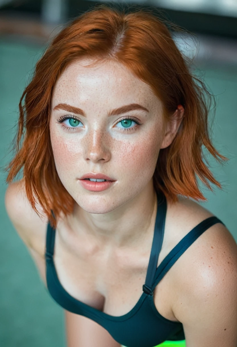 Woman 20 Years Old Nordic Ethnicity, Short red hair with a perfect face and light freckles, Blue-Green Eyes Wearing Thin Strap Bra and Sexy Short Tight Gym Shorts