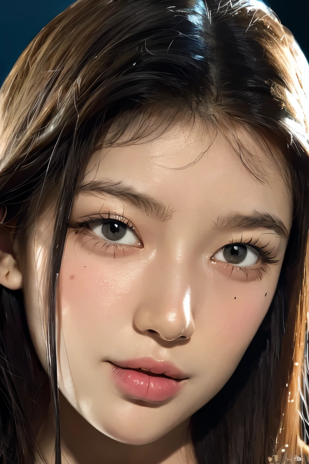best quality, master part, ultra high resolution, (realistic: 1.4), photo original, official art, wallpaper, Bust Photo, alone, first, black eye, Detail, 1 girl, beautiful facial features, breeze, photography, happy, (pure blue background), studio lighting, portrait makeup,