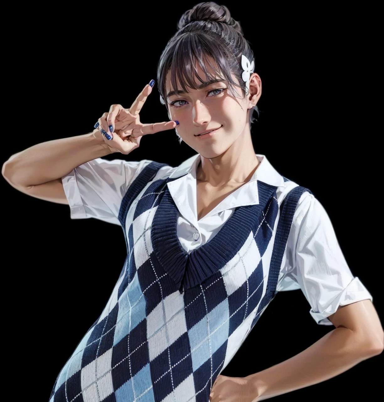 Anime boy with white hair,walking in the school hallway, hands in pockets