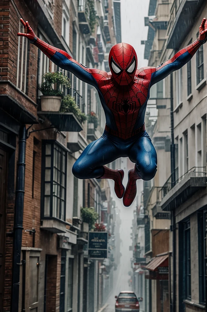Spiderman in rain in village