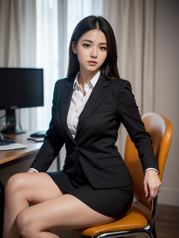 A young woman in a black business suit and tight short skirt, sitting neatly on a chair, photorealistic, highly detailed, 4k, best quality, ultra-detailed, realistic, vivid colors, studio lighting, sharp focus, physically-based rendering, elegant, confident, serene expression