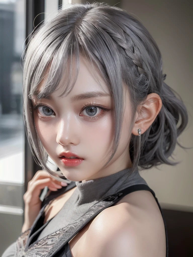 Young girl ,masterpiece,Realistic,32k,Highly detailed CG 8K wallpaper, Highest quality ,Upper Body,((Gray Hair:1.2))、Shortcuts