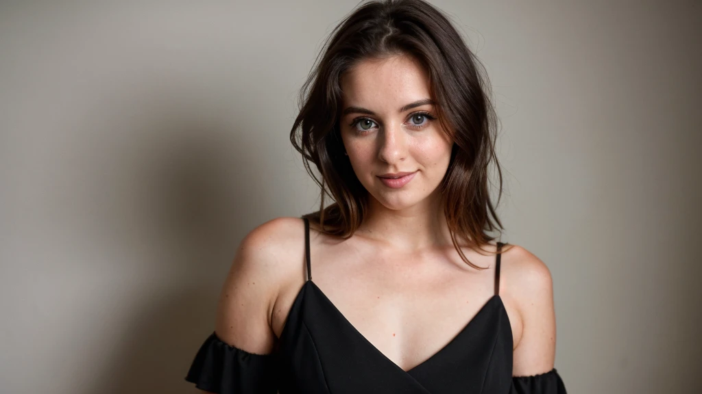 beautiful british 28 years old women, dark brown hairs, wearning black dress, large breast, brown eyes, light background, facebook profile photo,