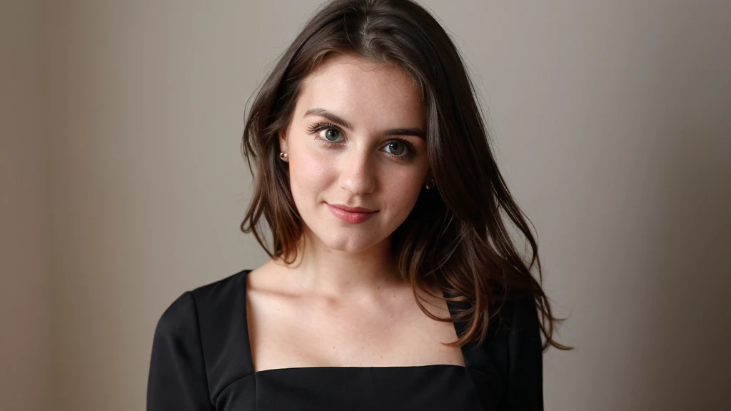 beautiful british 28 years old women, dark brown hairs, wearning black dress, large breast, brown eyes, light background, facebook profile photo,