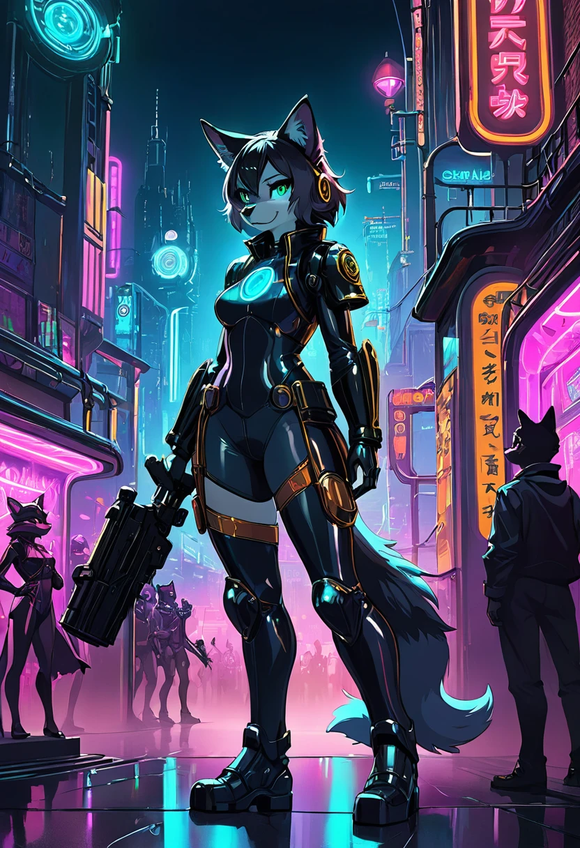 masterpiece, best quality, novel illustration, highres, steam-punk meets sci-fi, rubber suit, neon lights glowing, station platform crowded, (1boy, 1girl, hero, heroine, kemono, furry, anthro), shoots weapon, alluring neon-glow, steam-punk world, gothic atmosphere, sensuality of the scene, 1girl protagonist with , station scene, neon sign, glittering neon cityscape, crowd of people.