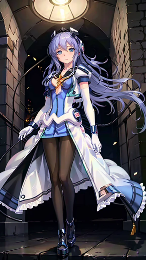 Highest quality，symphony_sugar,Light blue hair,Dark blue eyes,hair ornaments,Long Hair,White Long_Gloves,light blue short dress,Black Pantyhose,High heels, ,Show me your boots，Gloves，elegant, 1 Girl, cute, Blushed, Looking at the audience, From below, prison，Beautiful Eyes, Beautiful background, Particles of light, Light of the sun, Dramatic lighting, outside, Shiny, Realistic, Highest quality, Very detailed, Get used to it, scenery, Beautiful and detailed, Thin Hair，Full Body Shot，