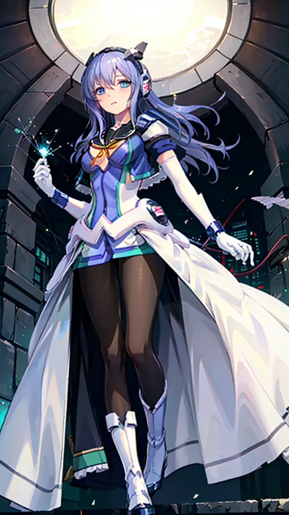 Highest quality，symphony_sugar,Light blue hair,Dark blue eyes,hair ornaments,Long Hair,White Long_Gloves,light blue short dress,Black Pantyhose,High heels, ,Show me your boots，Gloves，elegant, 1 Girl, cute, Blushed, Looking at the audience, From below, prison，Beautiful Eyes, Beautiful background, Particles of light, Light of the sun, Dramatic lighting, outside, Shiny, Realistic, Highest quality, Very detailed, Get used to it, scenery, Beautiful and detailed, Thin Hair，Full Body Shot，