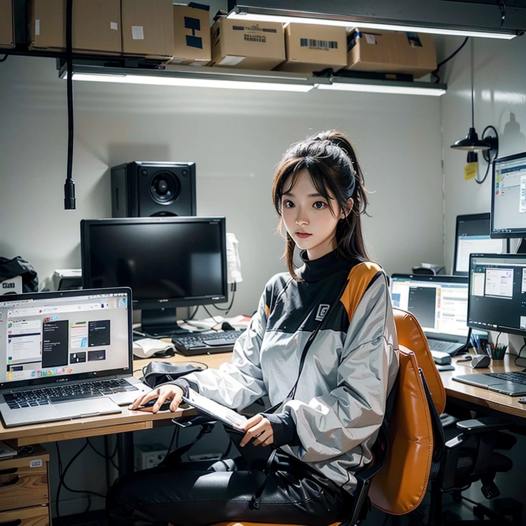 A programmer in a tech startup office, coding on a laptop, with multiple monitors and brainstorming notes on the wall