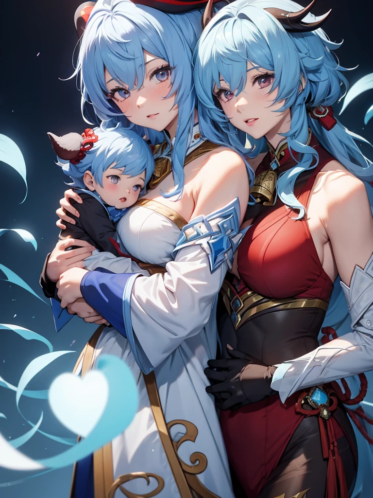 Ganyu from Genshin impact, 1woman, as a mother, holding a little baby boy, light blue colour hair with red horms, 8k, high detailed, high quality