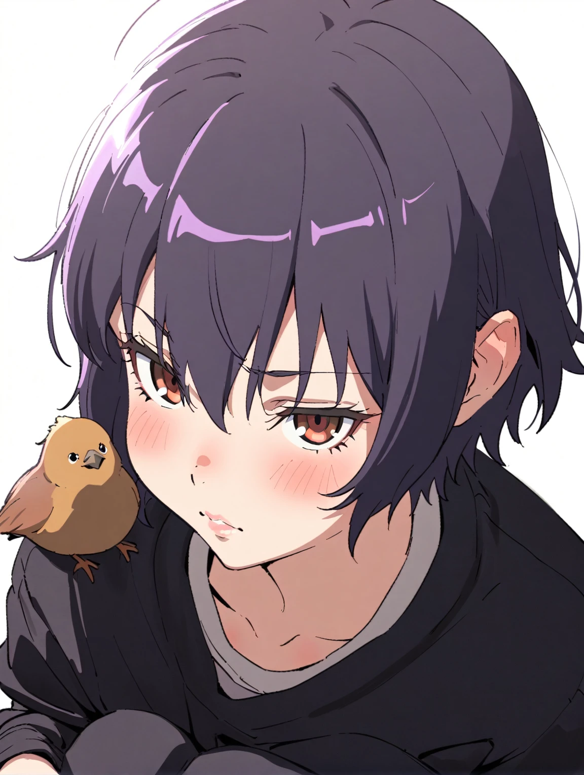 {{{sincos (sincos), no human}}}, 1 girl, 1 bird, short hair, purple, lips slightly parted, looking at viewer, beautiful face, bird sitting on shoulder, blank background, white background.