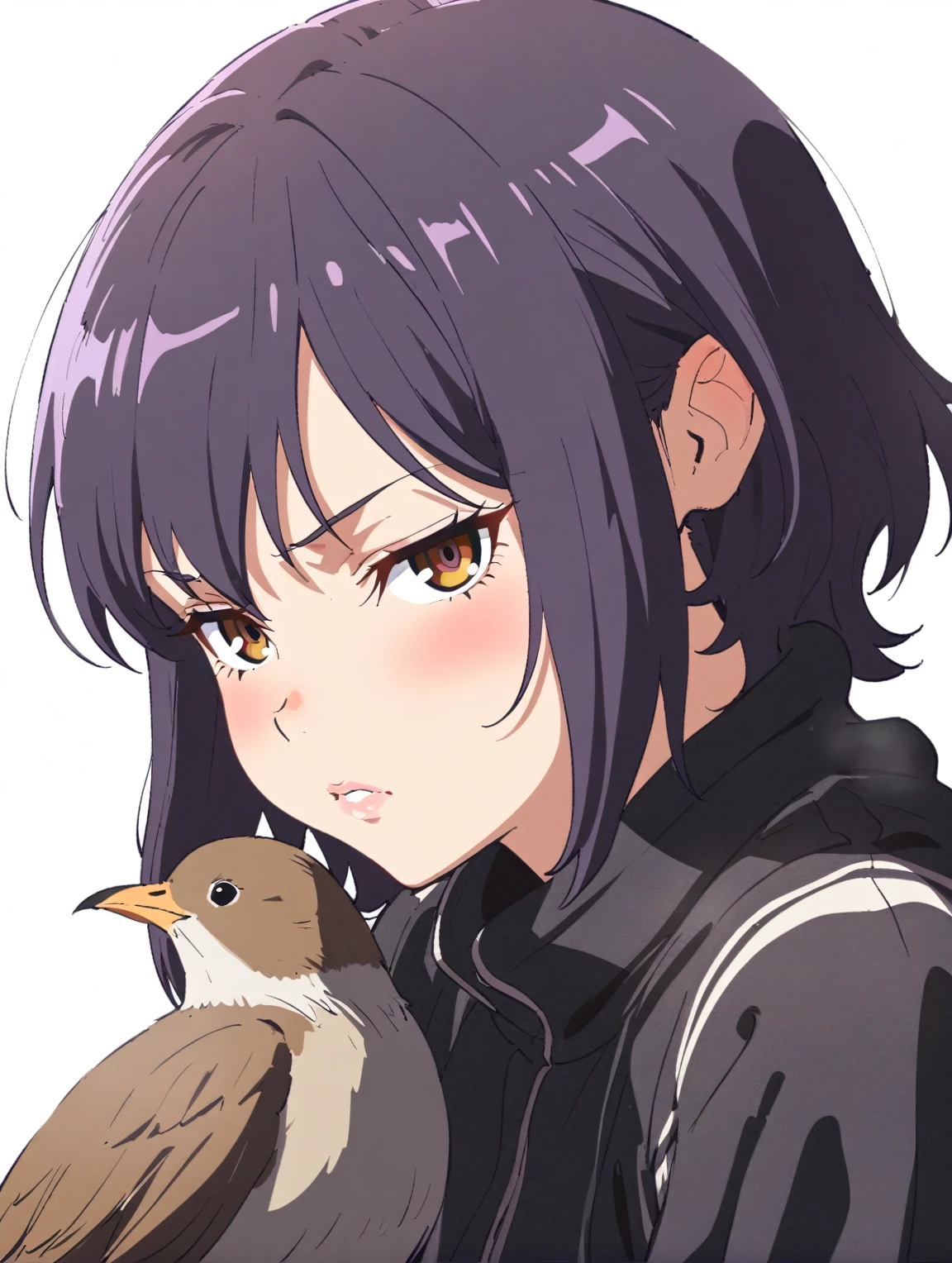 {{{sincos (sincos), no human}}}, 1 girl, 1 bird, short hair, purple, lips slightly parted, looking at viewer, beautiful face, bird sitting on shoulder, blank background, white background.