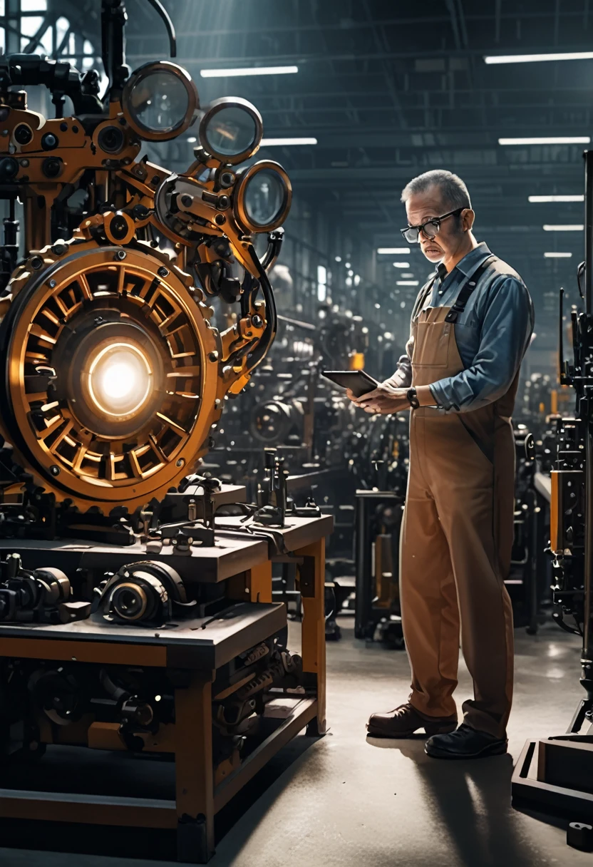 (Wearing Glasses, close up face), engineer in the factory workshop, wearing protective goggles, inspecting machinery and equipment. Glasses sparkle under the light, demonstrating his rigorous attitude towards technology. The background is the factory workshop, full body, (Photography), panoramic view, award-winning, cinematic still, emotional, vignette, dynamic, vivid, (masterpiece, best quality, Professional, perfect composition, very aesthetic, absurdres, ultra-detailed, intricate details:1.3)