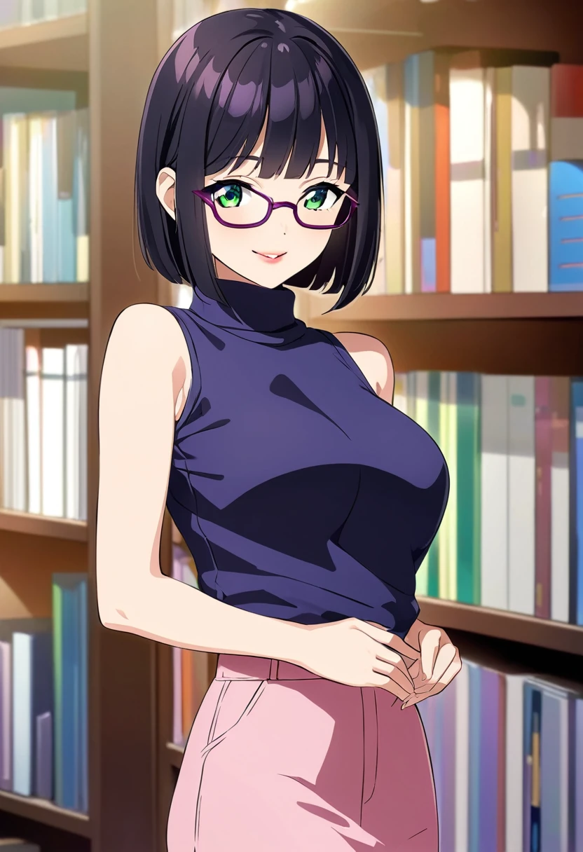 (A 27 year old anime girl in blue purple casual high neck sleeveless t-shirt standing in front of a bookshelf:1.3), Alone, female anime character, anime visual of a young woman, bob haircut, red painted lips, thick lips, black hair, wearing glasses, big breast, Green eyes, smiling, anime screencap, cowboy full shot, (masterpiece:1.1), (best quality:1.1), (super detailed:1.1)