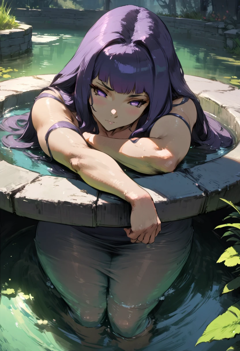 (score_9,score_8_up,score_7_up),cutesexyrobutts. masterpiece ,beautiful detailed glow, best illuminate, 4k, best light,ultra high resolution, detailed, beautiful weather, beautiful background, 1girl, (long deep purple hair), blush, (bathing , (leaning on the edge of the pond:1.2), resting head on arms, from directly behind:1.2, ((hyuuga hinata)),(boruto: naruto next generations), (completely nude:1.2), (big breasts), ((ass under the water:1.3)), (gigantic ass:1.5), ((big ass:1.5)), (narrow waist), (thick thighs:1.3), plump, voluptuous curvy, masterpiece, best quality, very aesthetic, absurdres