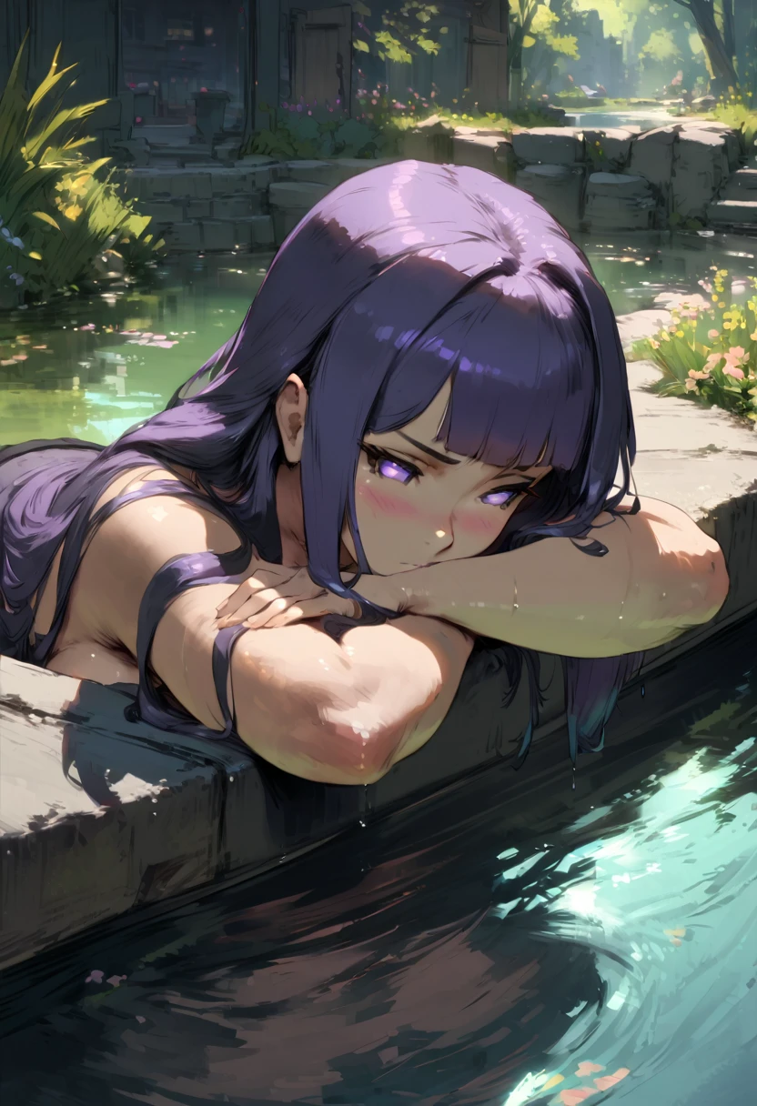 (score_9,score_8_up,score_7_up),cutesexyrobutts. masterpiece ,beautiful detailed glow, best illuminate, 4k, best light,ultra high resolution, detailed, beautiful weather, beautiful background, 1girl, (long deep purple hair), blush, (bathing , (leaning on the edge of the pond:1.2), resting head on arms, from directly behind:1.2, ((hyuuga hinata)),(boruto: naruto next generations), (completely nude:1.2), (big breasts), ((ass under the water:1.3)), (gigantic ass:1.5), ((big ass:1.5)), (narrow waist), (thick thighs:1.3), plump, voluptuous curvy, masterpiece, best quality, very aesthetic, absurdres