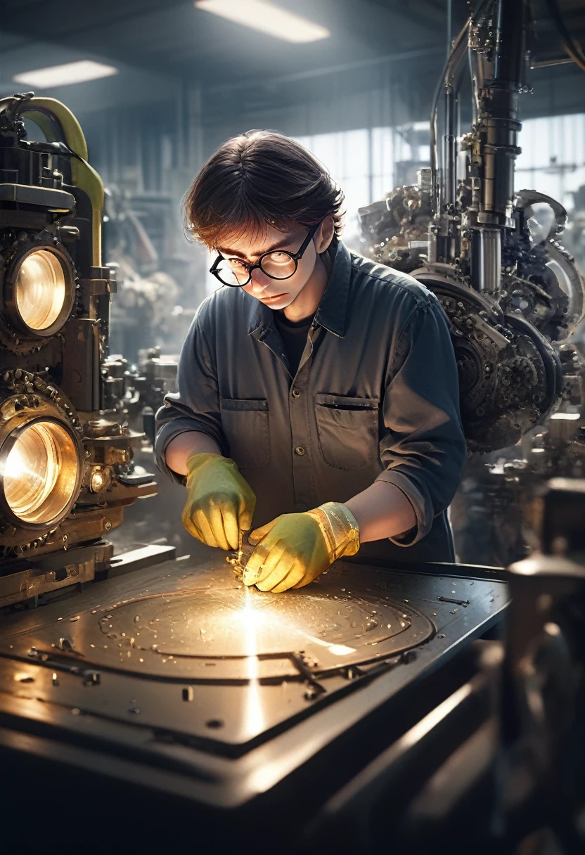 (Wearing Glasses, close up face), engineer in the factory workshop, wearing protective goggles, inspecting machinery and equipment. Glasses sparkle under the light, demonstrating his rigorous attitude towards technology. The background is the factory workshop, full body, (Photography), panoramic view, award-winning, cinematic still, emotional, vignette, dynamic, vivid, (masterpiece, best quality, Professional, perfect composition, very aesthetic, absurdres, ultra-detailed, intricate details:1.3)