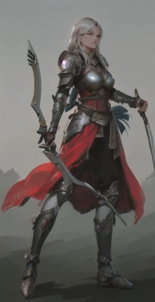 One is wearing armor、Woman holding a bow and arrow, north Female Warrior, Drow Ranger, Concept art of the warrior, north adult Female Warrior, Female Assassin, female forest archer, Female Archer, A very beautiful berserker woman, Female Warrior, Lady in red armor, author：Fan Kuan, Fantasy Warrior, silver armor and red clothing